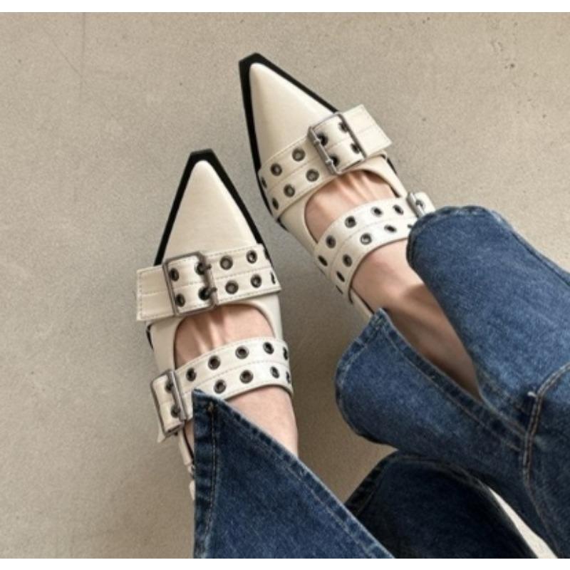 Fashion Women's New French Style Pointed Toe Mary Jane Shoes Retro Medium Thick Heel Shoes for Women with Skirts and Small Leather Shoes