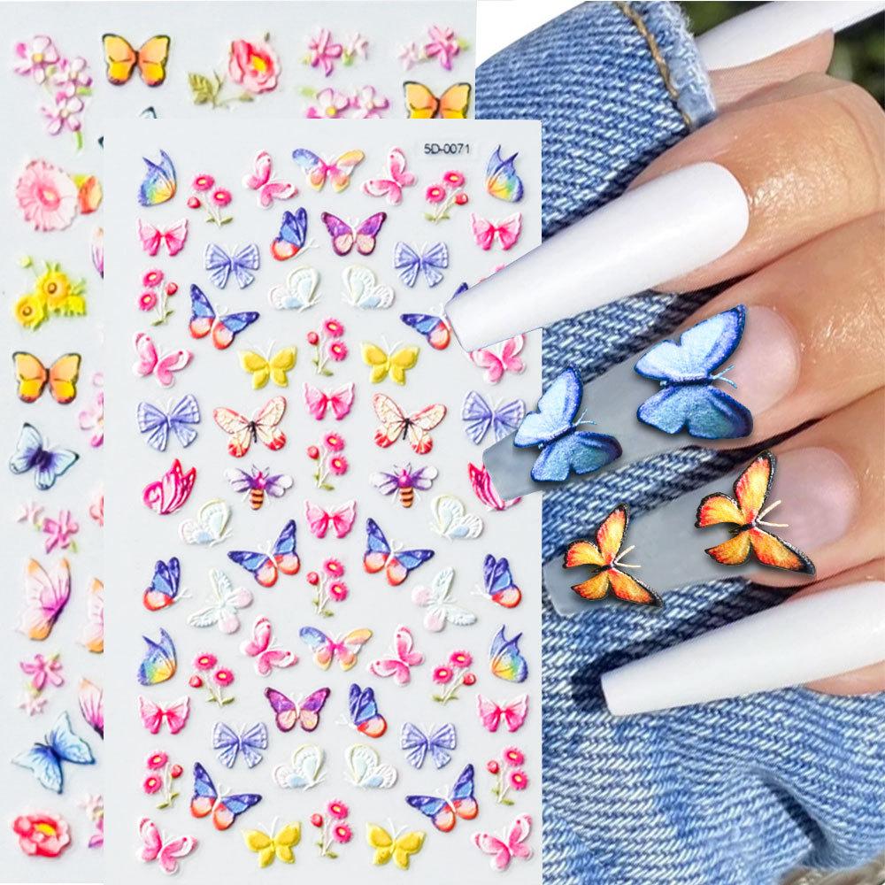 Color Relief Butterfly Nail Art Sticker 5D Three-Dimensional Butterfly Flower Adhesive Nail Decorative Relief Sticker
