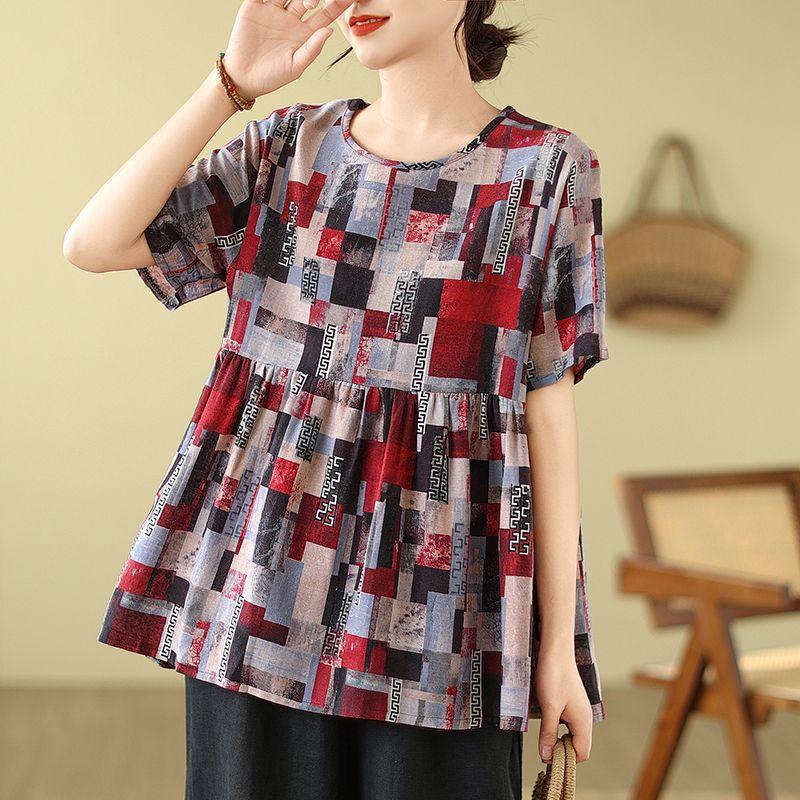 

Хлопок, лен, большой размер, короткий рукав, принтованный топ, летняя ретро-художественная футболка, свободная круглая горловина, маленькая рубашка, утягивающие футболки для женщин 2XL