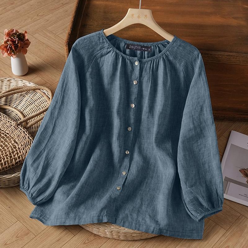 ZANZEA Women Casual Round Neck Solid Color Loose Long Sleeve Blouse