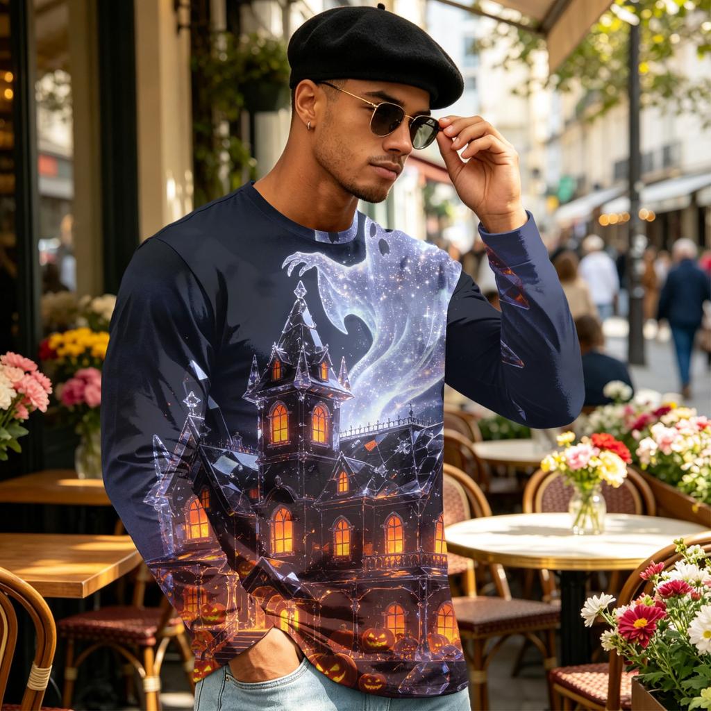 Men's Halloween Printed Crewneck Long Sleeve Top Casual Loose Fit