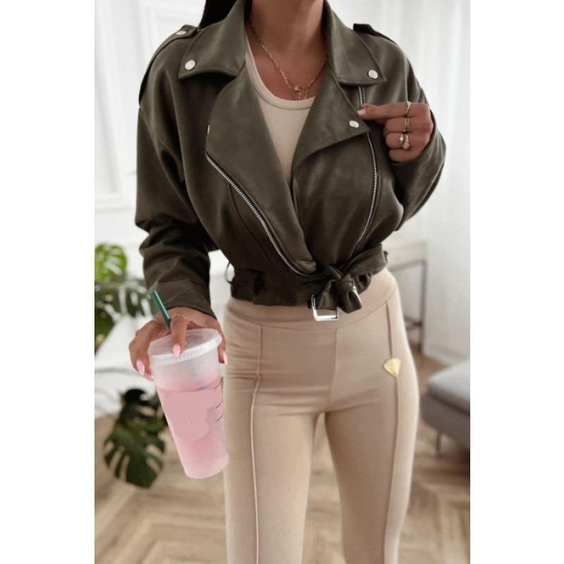 Podzimní a zimní dámské krátké bundy na zip Nová móda Klopový oblek Límec s dlouhým rukávem Kabát na zavazování Jednobarevný Street Casual