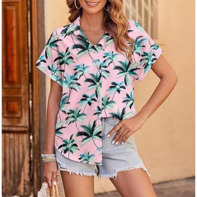 Sommer Neues Hawaiianisches Hemd für Damen Lässig Kurzärmelig Tropische Blume 3D-bedrucktes Hemd