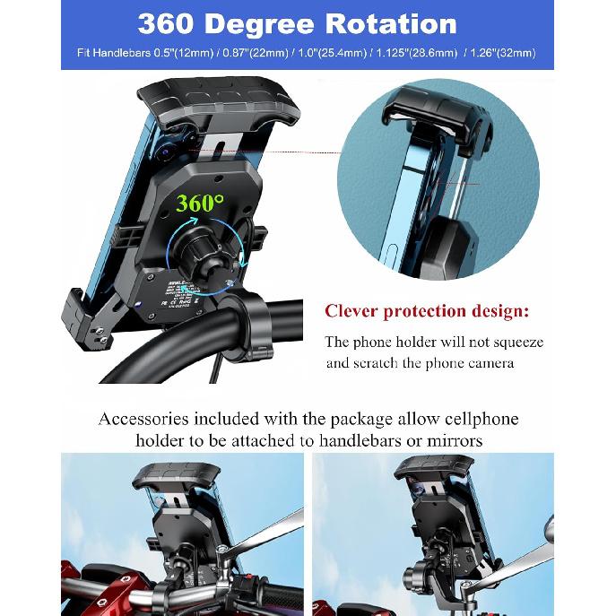BRCOVAN Motorcycle Phone Mount Holder With Qi 15W Wireless Charger & PD/USB-C 20W Fast Charging Port, [1S Lock] Cellphone Cradle With Aluminum Alloy