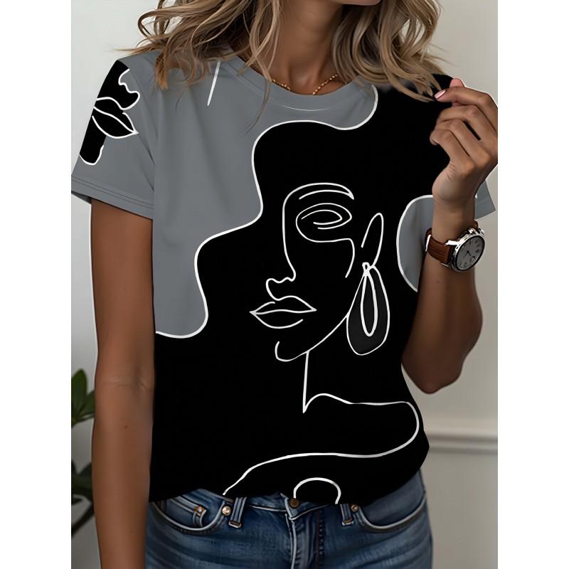 Womens Slim Fit Short Sleeve T-Shirt With 3D Cartoon Animal Print Digital Printing Casual Top