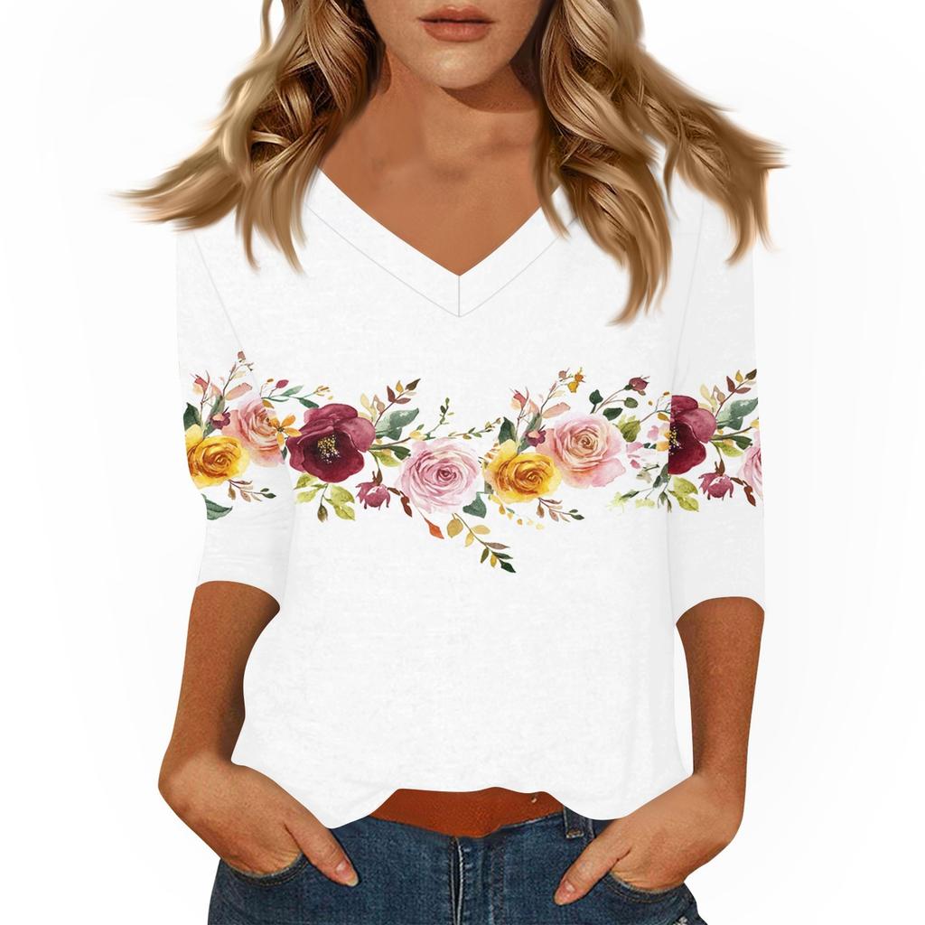 Women's Casual 3/4 Sleeve T-Shirts V-Neck Tops