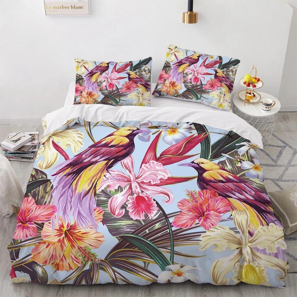 Flower Bird King Queen Duvet Cover Colorful Tropical Floral Bedding Set For Women Watercolor Plant 23Pcs Polyester Quilt Cover