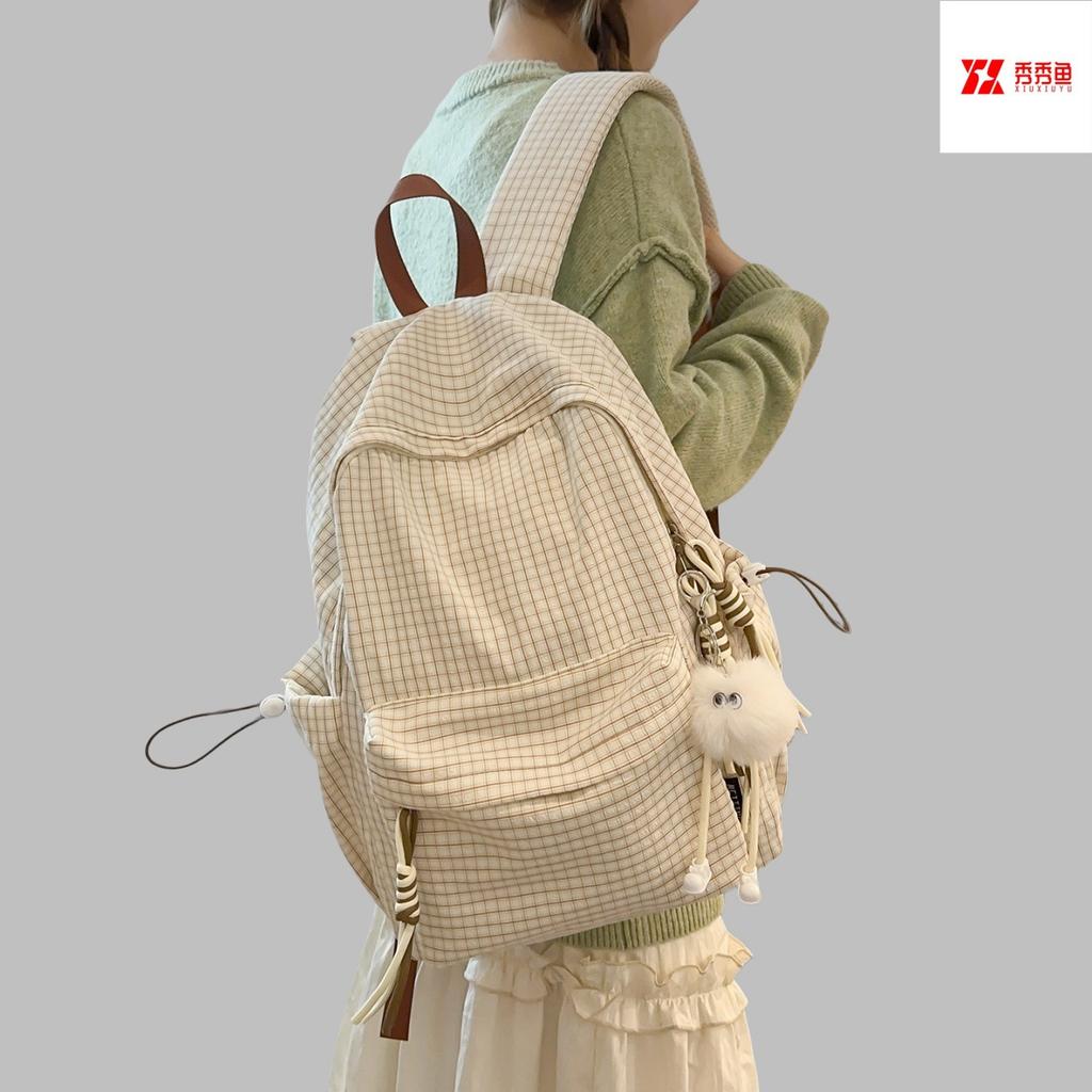 Schultasche Damen Koreanisch Kariert Einfach Kariert Rucksack High-School-Schüler Große Kapazität Freizeit Reise Rucksack