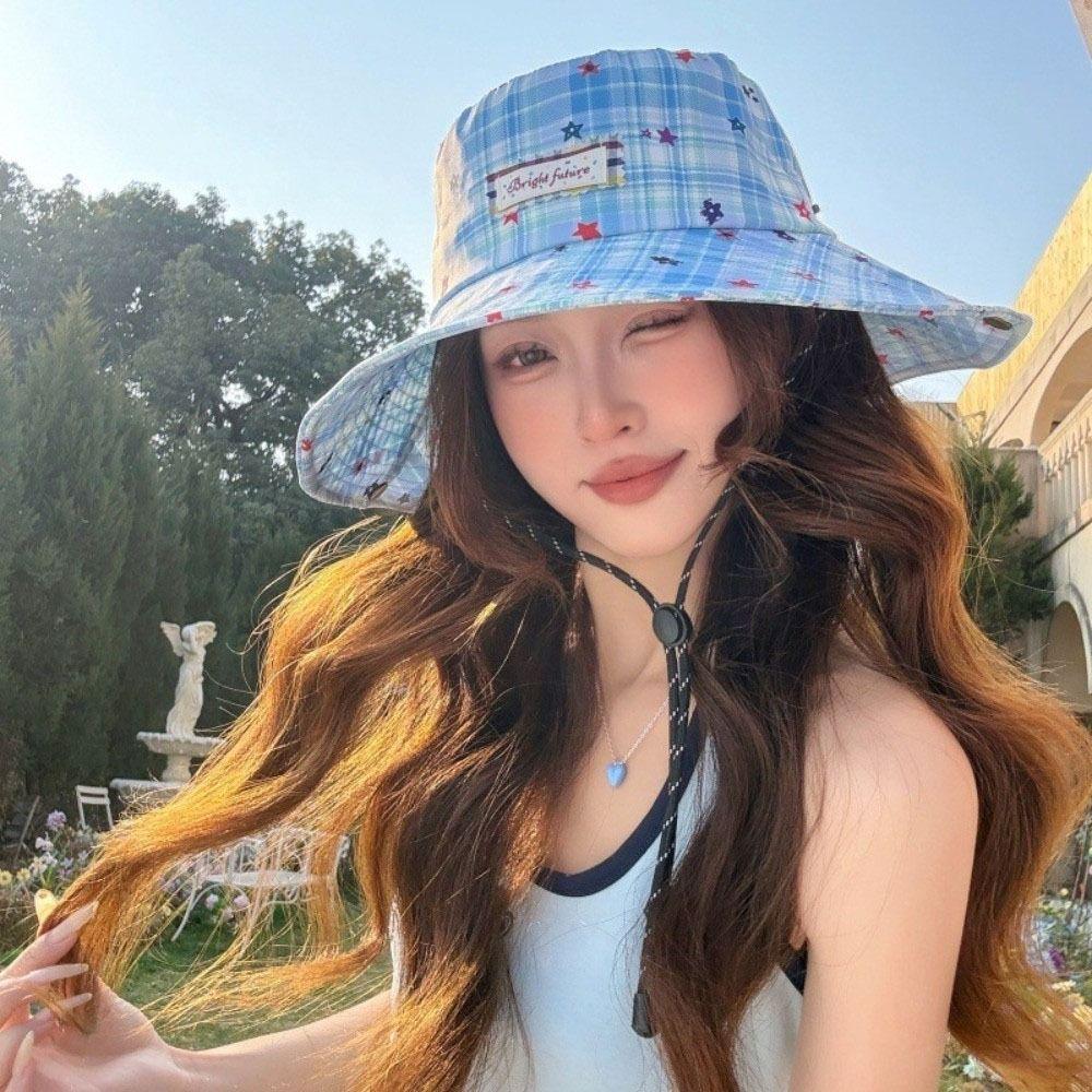 Sun Protection Women Sun Hat Star Sunscreen Bucket Hat Fashion Plaid Fisherman Hat Climbing