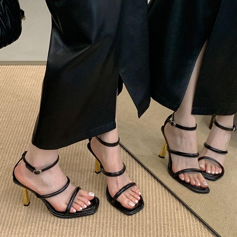 Fashion Fashion Square Toe Ladies High Heels Sandals Shoes Female Buckle Strap Footwear Metal Heels Sandals Shoes For Women Pumps