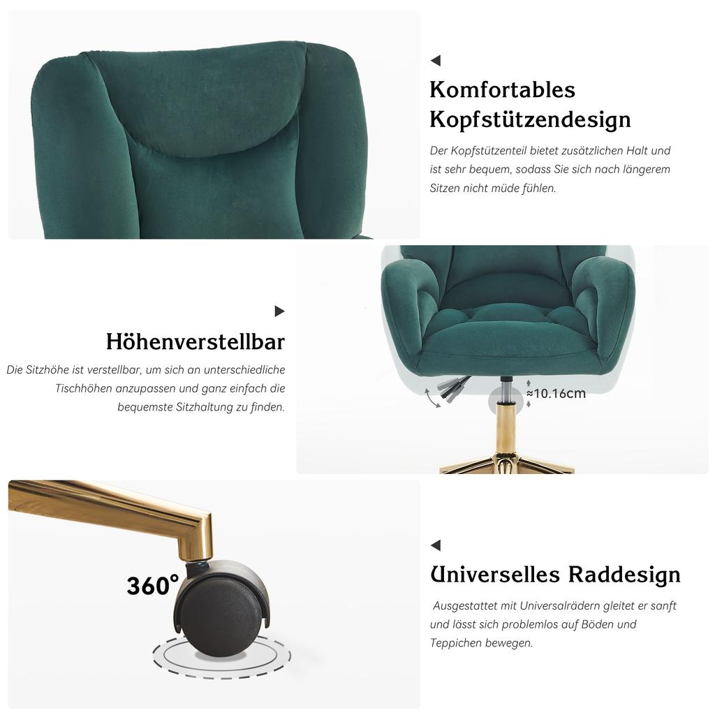 005 Full KD Velvet Fabric Material Height-Adjustable Swivel Chair for Indoor Home Office with Gold Legs, Green