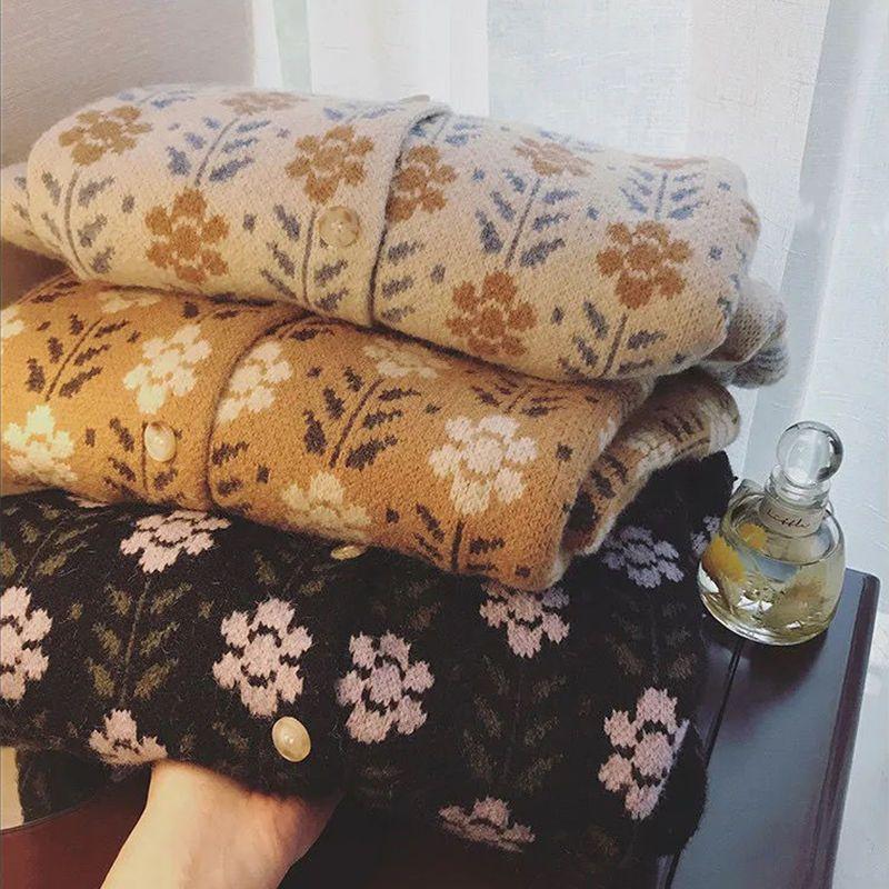 Women's Y2K Thick Flowers Cardigan Knit Sweater Knitwear Winter Shirts Pullovers Korean Style Clothes Outer For Women 2024