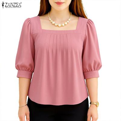 Women Square Collar Summer Casual 3/4 Sleeve Solid Blouse