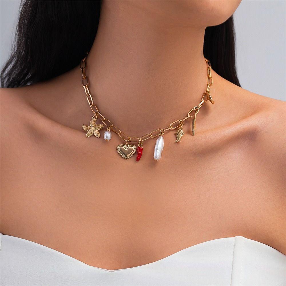 Alloy Enamel Pendant Necklace Vintage Chili Pepper Clavicle Chain for Women