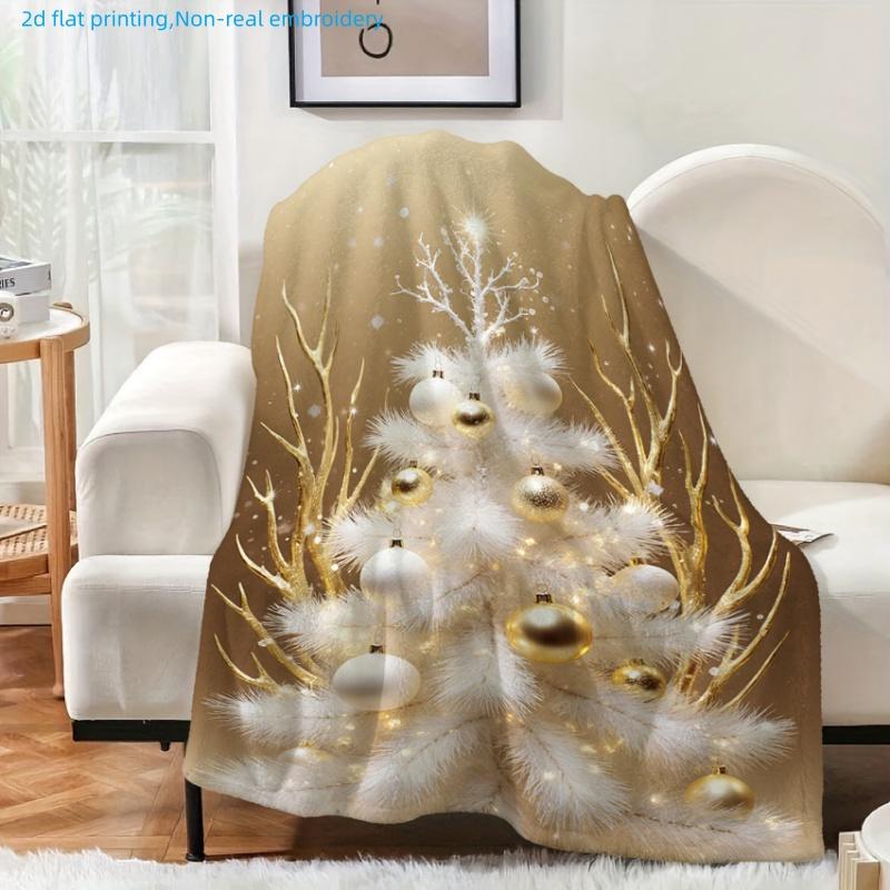 1pc Christmas Holiday Snow-White Christmas Tree with Golden Antlers Printed Blanket, Festive Atmosphere, Multiple Sizes Available, Suitable for Living