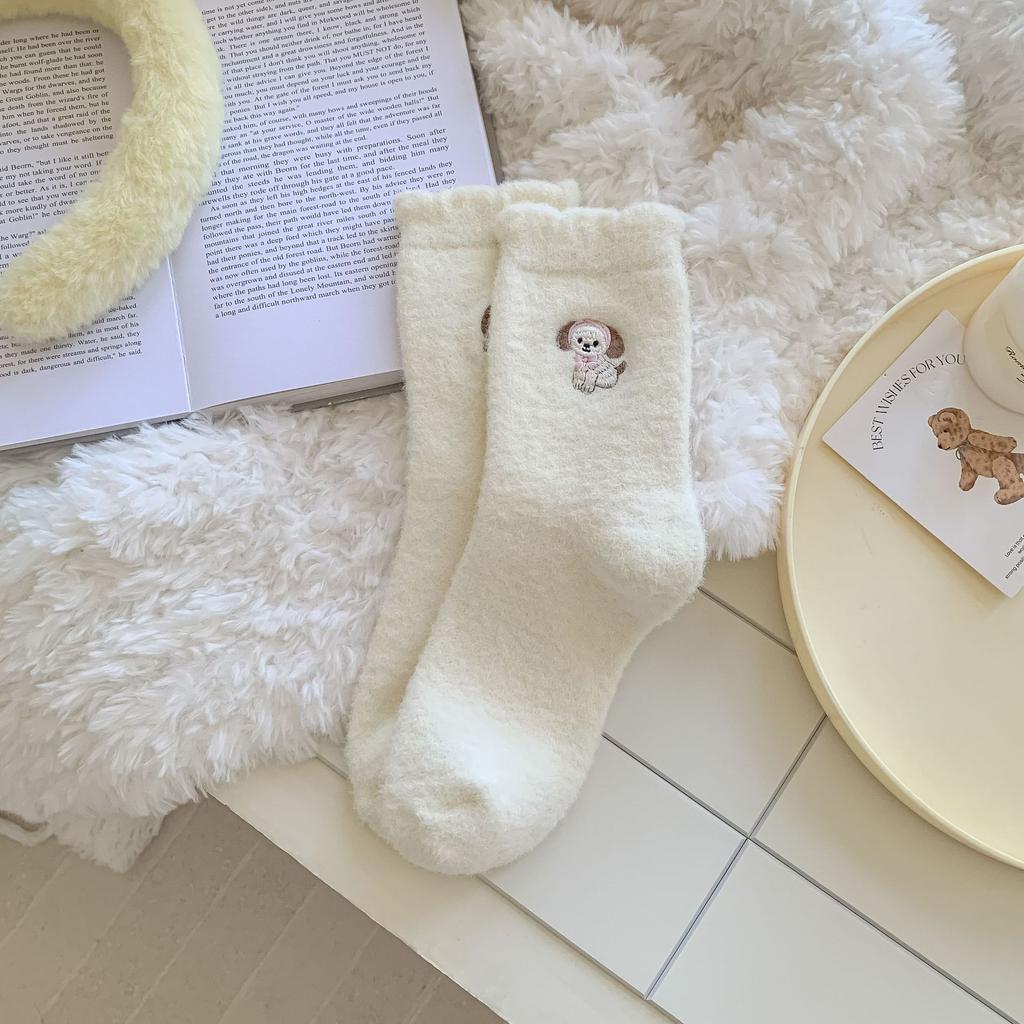 Ladies Autumn Winter Thickened Warm Everything Cute Embroidered Puppy White Lace Mid Socks