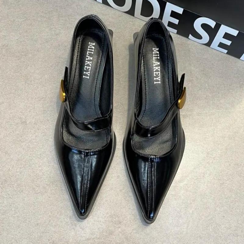 Pantofi cu toc mediu Primăvară Nou Vârf Ascuțit Gură Joasă Cataramă Metalică cu Talpă Moale Antiderapant Rezistent la Uzură Pantofi Simpli