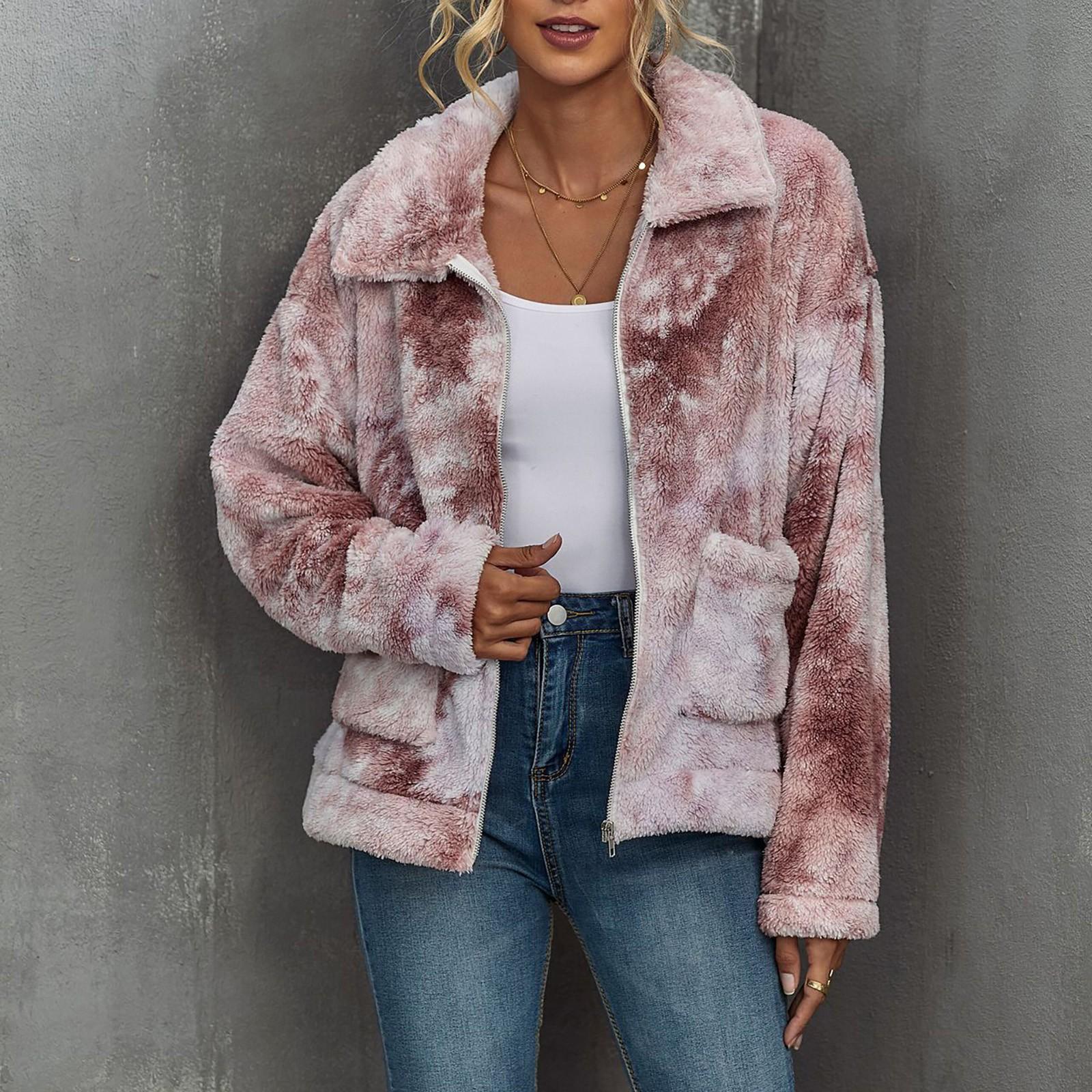 

(SU)Модный пушистый женский свитер с длинным рукавом на молнии и передним карманом с принтом тай-дай