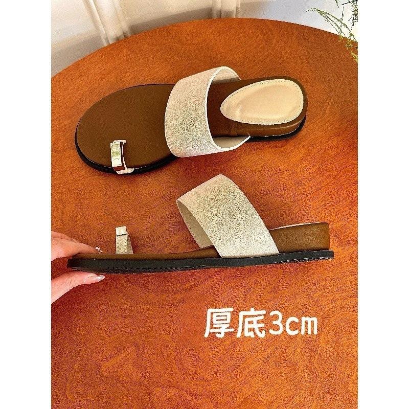 Summer French style! Temperament round head metal buckle sleeve toe word with thick bottom sandals women's summer soft bottom slippers