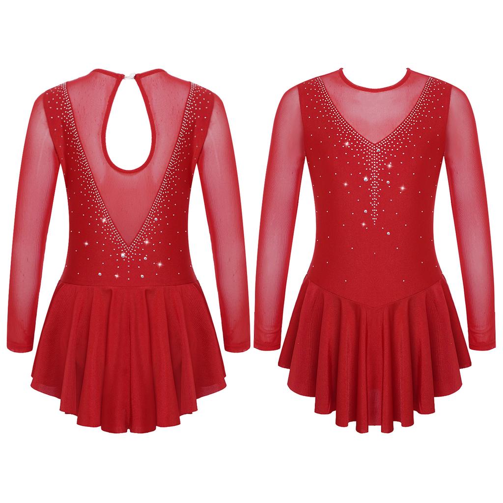 Abito da pattinaggio elegante per bambina, a maniche lunghe, con strass scintillanti, per ginnastica da ballo