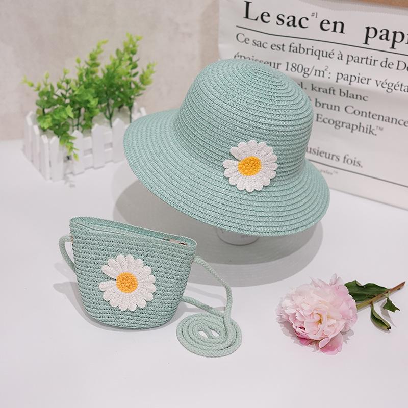Summer Daisy Children's Straw Hat for Girls, Baby Hat, Sunshade Sun Protection Wide-brimmed Hat Bag Set, Fisherman's Basin Hat