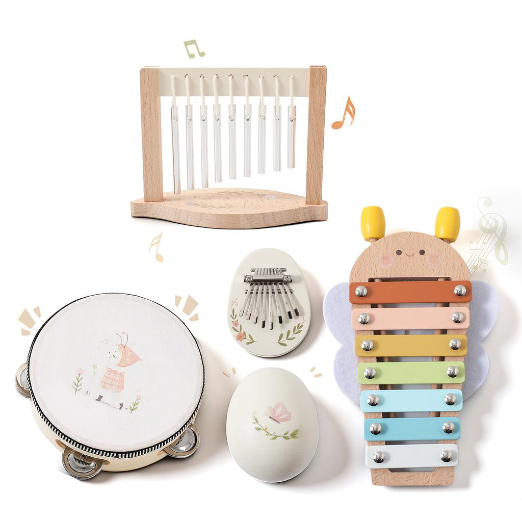Montessori Wooden Musical Instruments Set Wood Tambourine Xylophone Maracas Wind Chime Early Music Education Toy for