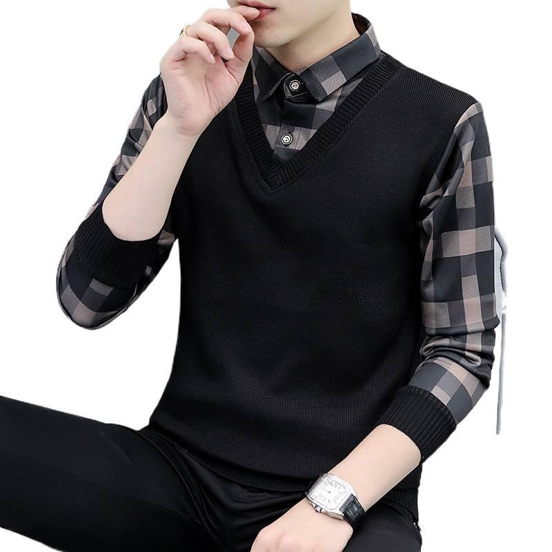 Fake Two-piece Sweater Men's Black Spring Autumn Season New Casual Fashion Shirt Collar Striped Plaid Bottoming Shirt Top
