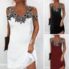 Women Summer Lace Stitching Sling Mini Dress V-neck Cold Shoulder Sleeveless Slim Fit Short Dress Streetwear