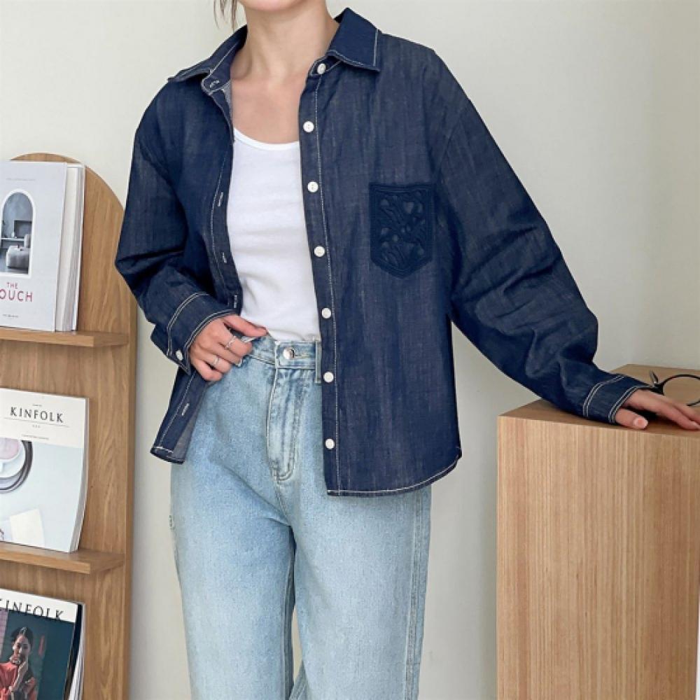 New Arrivals Open Run Women Floral Pocket Stitch Dark Blue Denim Shirt