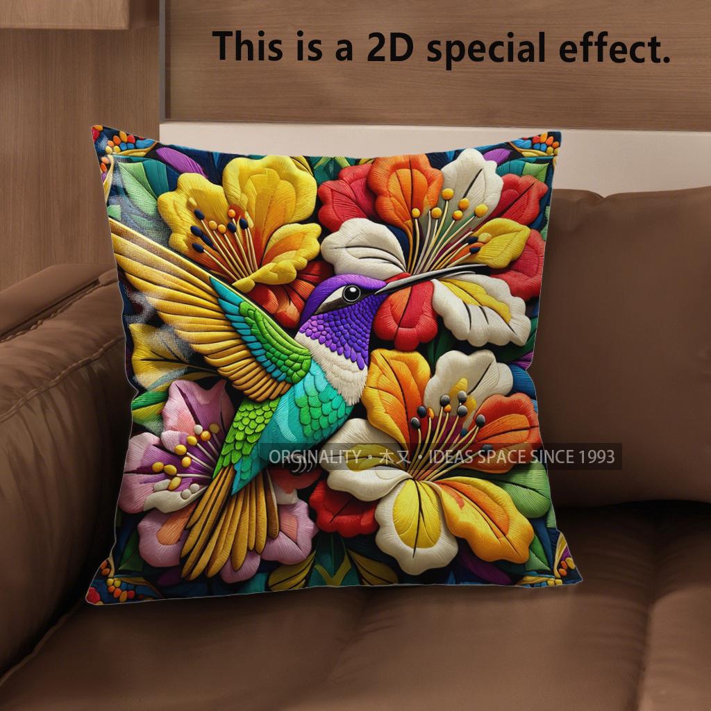 2D Vintage Hummingbird Floral Throw Pillow Covers Pattern Cushion Cover Suitable For Sofa Bedroom Car Pillow Cover