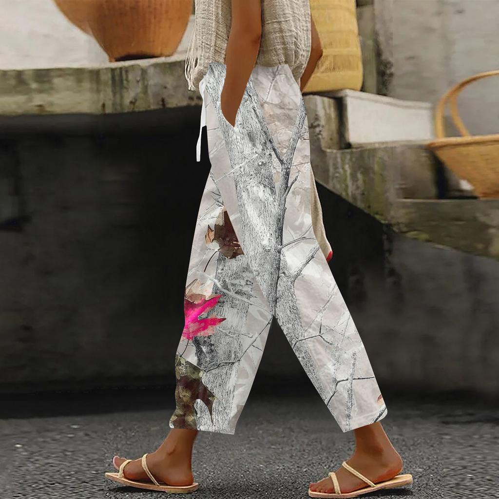 Women's Fashion Printed Drawstring Pocket Elastic Waist Casual Pants