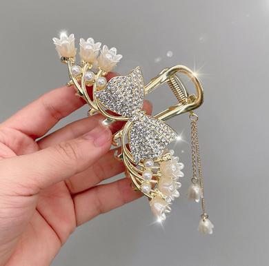 Butterfly Pearl Hair Clips Rhinestone Hair Catch Clip Pearl Tassel Barrette for Wedding Hair Styling Gift Six-flower bow tie чёрный/красный