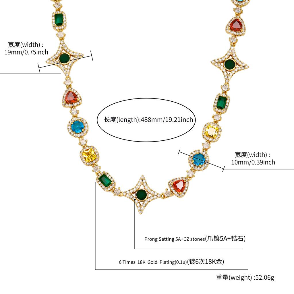 Hip Hop Colored Gemstone Chain Zircon Men's Star Necklace Fashion Triangle Bracelet