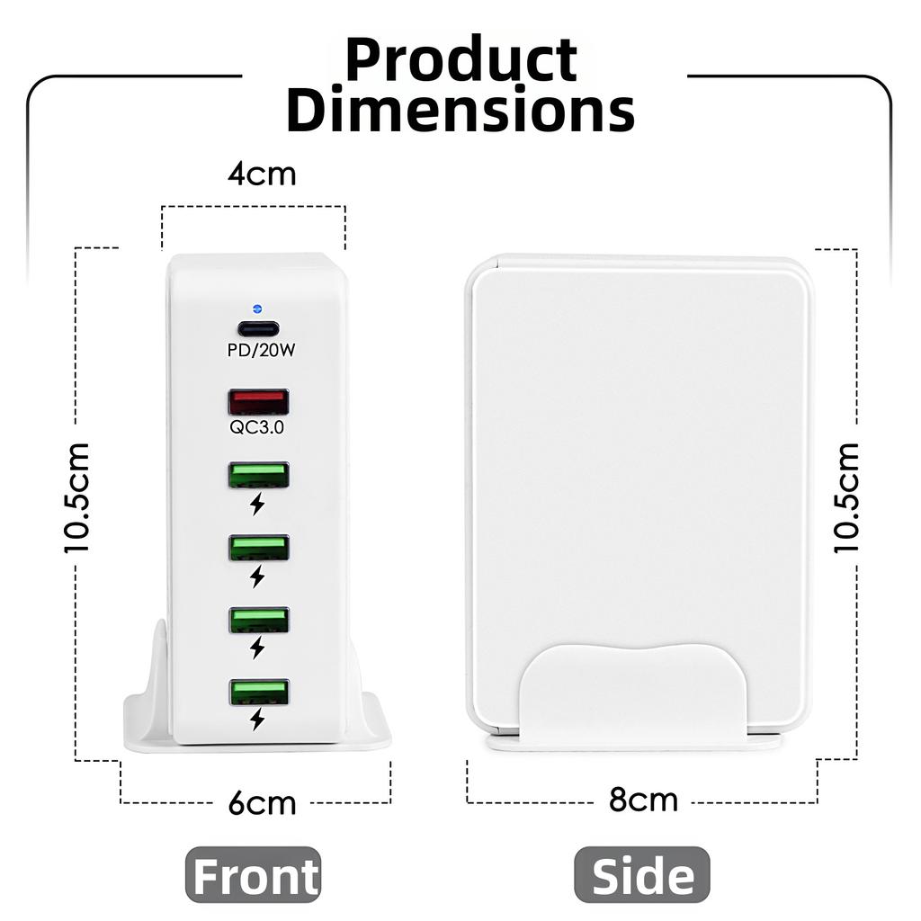818PD USB Charger Block PD20W/QC3.0 Multi-Port Fast Charging Station Adapter for Smartphone/Tablet/Earphone