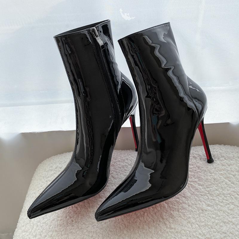 Short boots women's autumn and winter patent leather thin heel pointed thin boots sexy royal sister red sole high heels boots