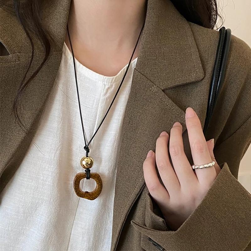 Handmade Wood Tribal Pendant Necklace Unique Resin Necklace Long Rope Necklace Suitable for Men and Women Present