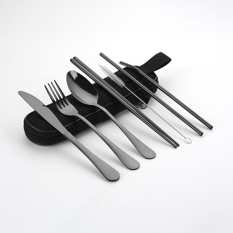 Travel Portable Stainless Steel Cutlery Set: Knife, Fork, Spoon, Straw, Chopsticks with Bag