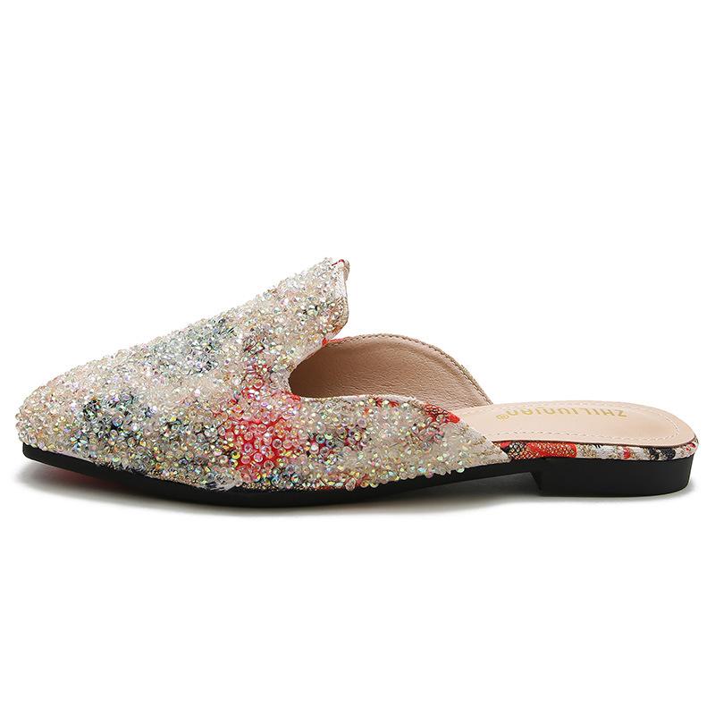 Fashion Celebrity Crystal Multicolor Mules Women Square Toe Slippers Summer Shoes Woman Sandals Flipflops Plus Size 40-43 Glitter Slides