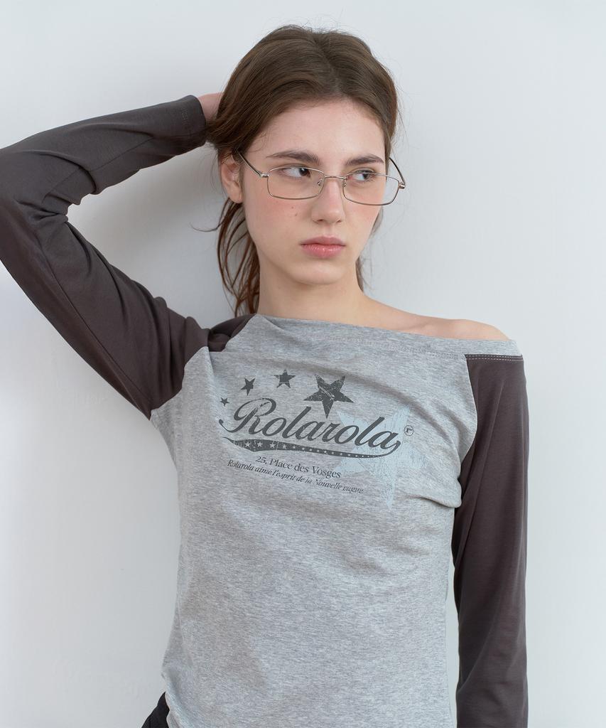 ROLAROLA Logo Graphic Off Shoulder Raglan T-Shirt Charcoal