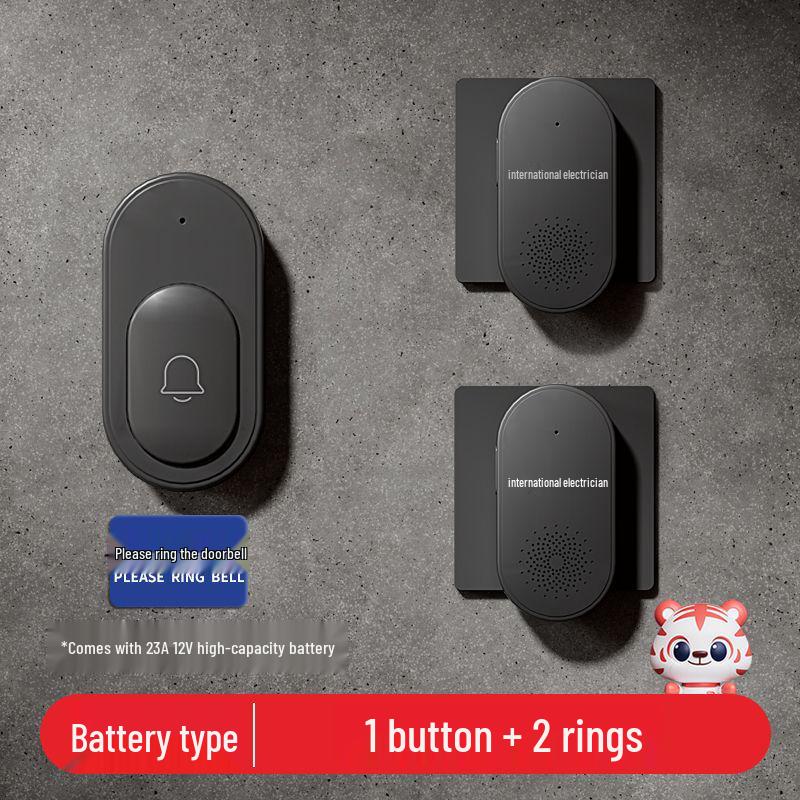 Schwarze kabellose Türklingel mit Fernbedienung, Große Reichweite, Bohrfrei, Eins-zu-Zwei-Heimsystem