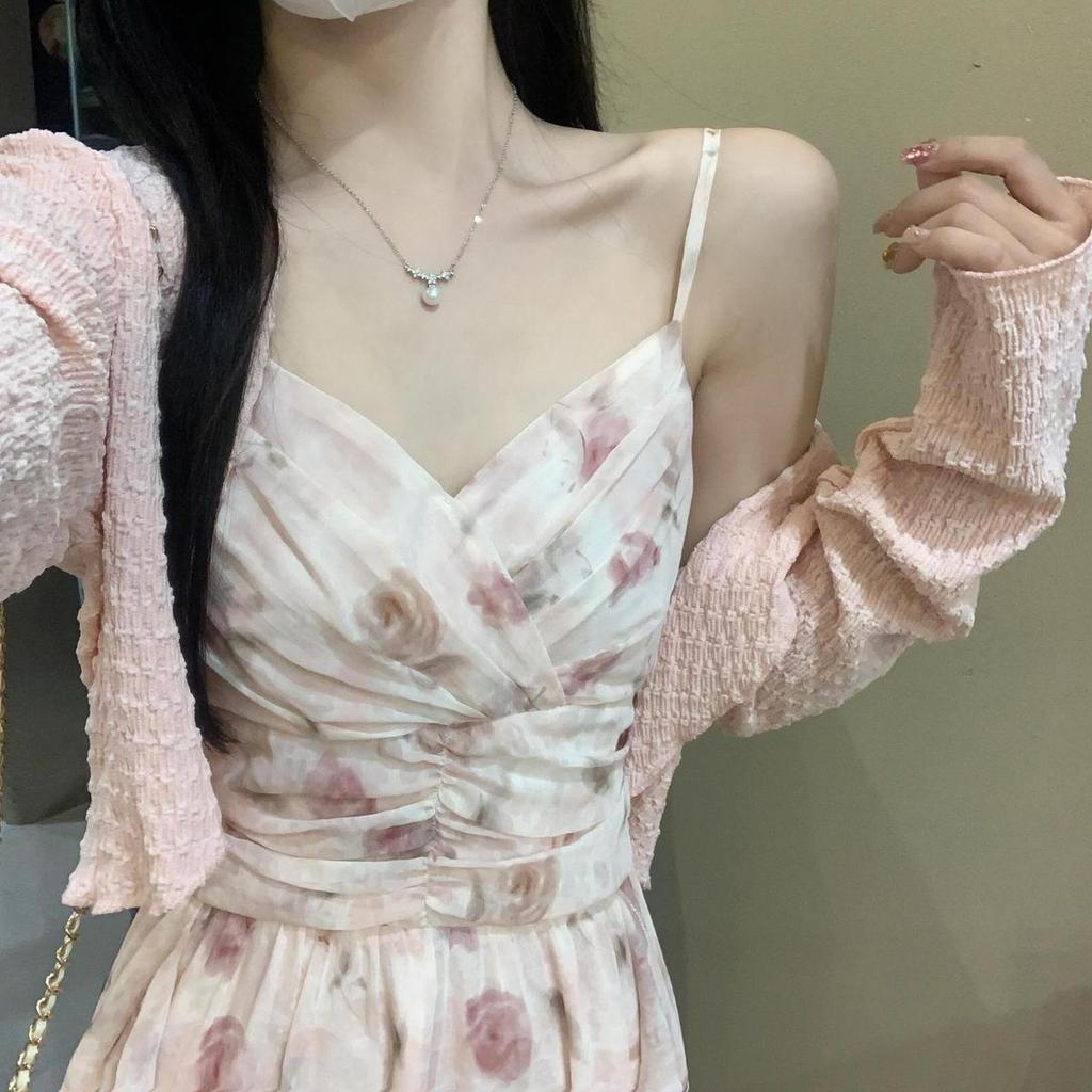 Women's 2026 Pink Floral Strappy Dress & Cardigan Set for Spring/Summer