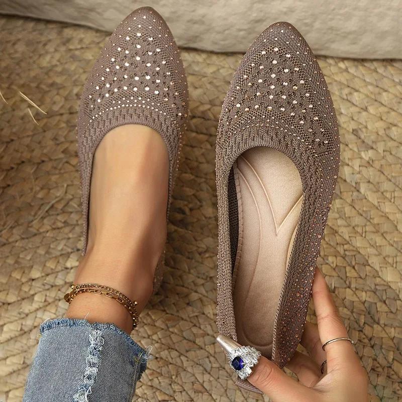 Spring New Flat Shoes for Women Pointy Head Shallow Mouth Glitter Mesh Fabric Soft Sole Anti-slip Wear-resistant Single Shoes