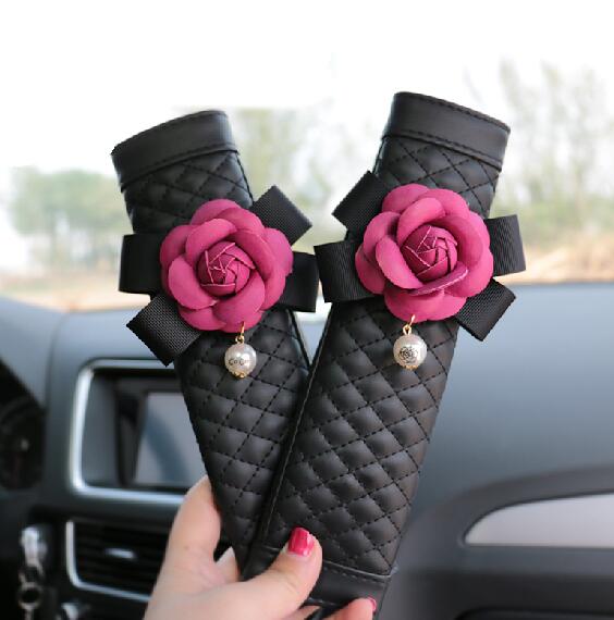 2pcs Camellia Flower Car Safety Seat Belt Cover Pu Leather Shoulder Pad Car Styling Seatbelt Cover Car Accessories for Women