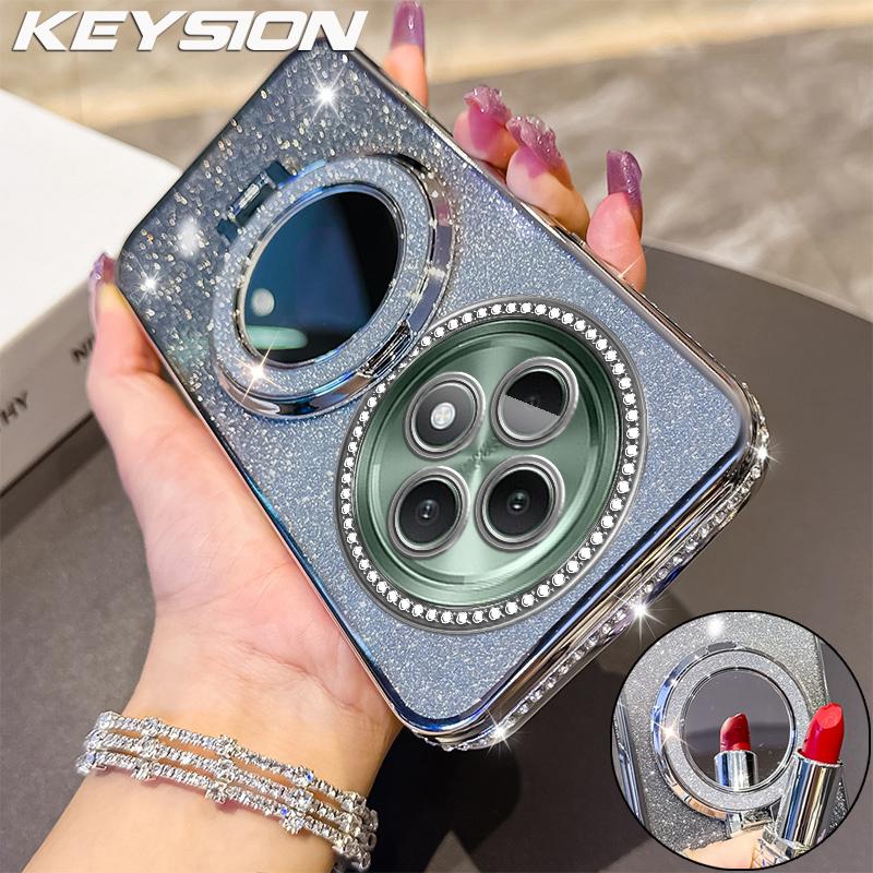 KEYSION Luxury Glitter Jewelled Magnetic Phone Case for OPPO Reno12 F 5G Makeup Mirror Stand Shockproof Cover for OPPO Reno 12F