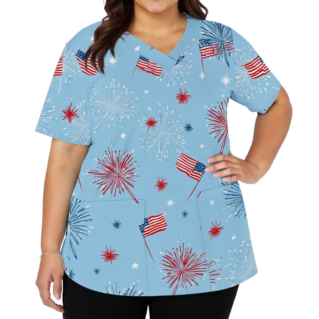 Women's Fashionable Casual Independence Day American Flag And Stars Print V-neck Short-Sleeved Work Shirt With Double Side Slits And Pockets