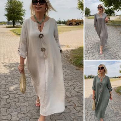 Women Dress V Neck Button Decor Long Sleeve Loose Solid Color Plus