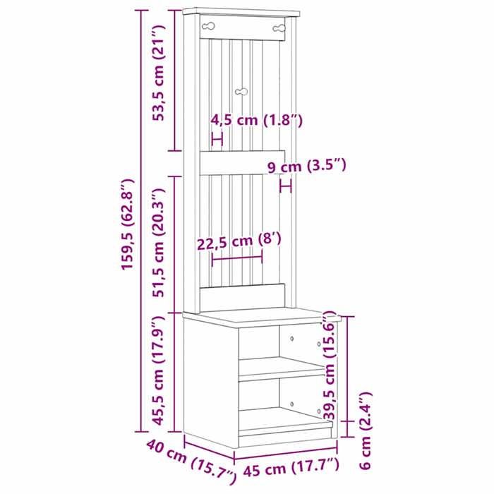 VidaXL Portemanteau SANDNES 45x40x159,5 cm bois massif pin, banc de couloir, meuble de rangement de couloir 4010479