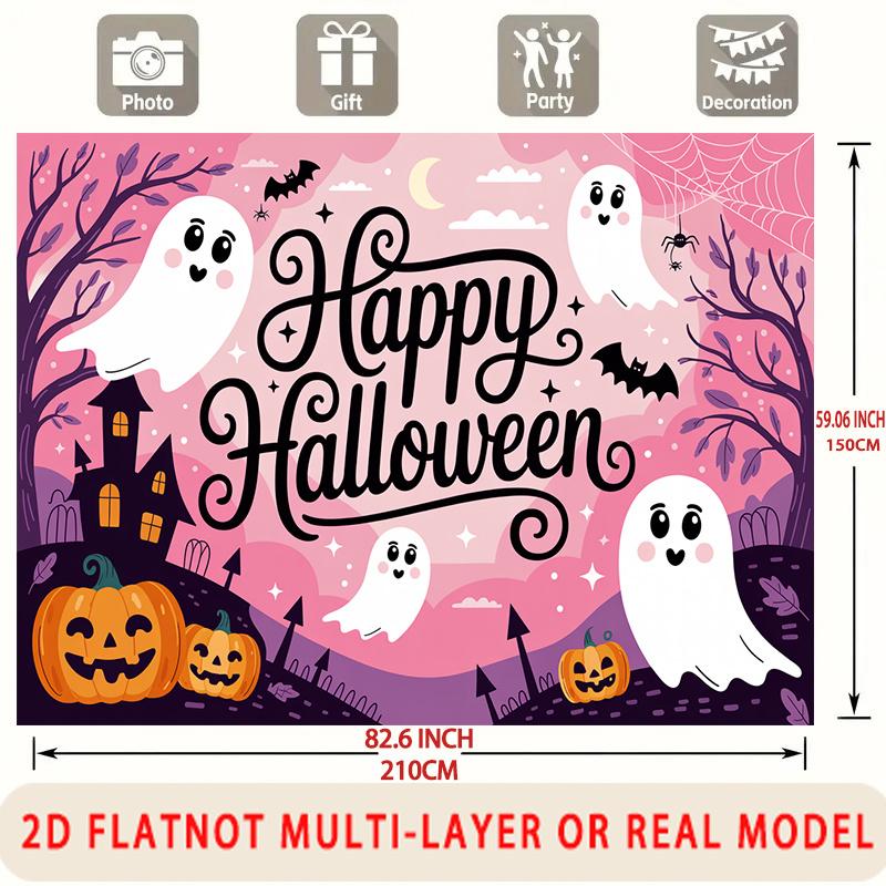 Party Backdrop Halloween Flat Spanish Language Ghosts Pumpkins Spooky Haunted House Photo Booth Background Front Door Decor