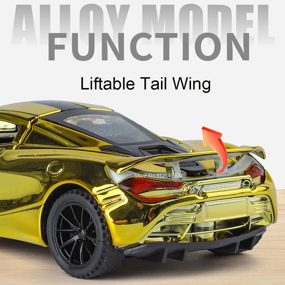 1:32 Scale 720S 765LT Toy Car Model Pull Back Sound Light Lift Tail Wing Vehicle Metal Diecast Models Supercar Gifts for Kids