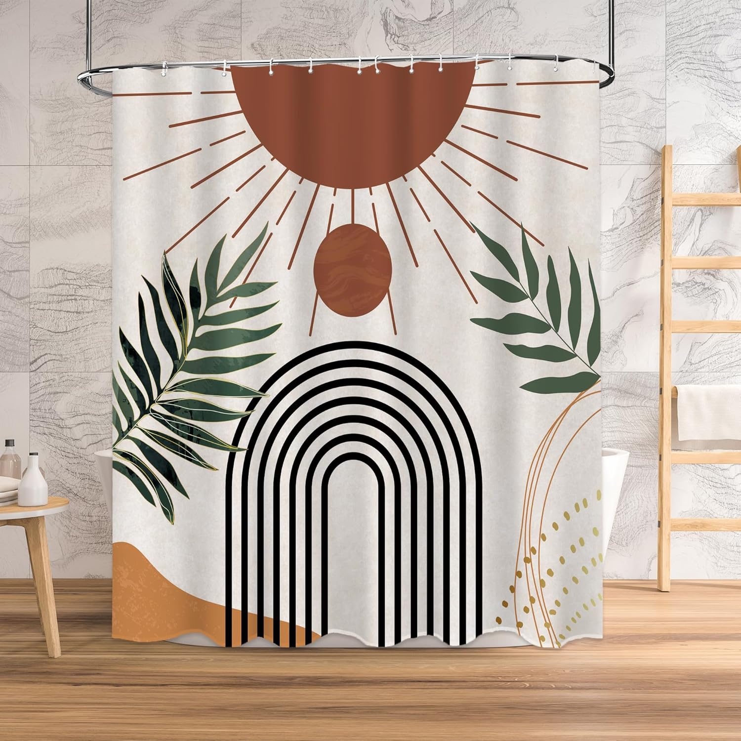 

Boho Shower Curtain Set,Arch Sun Design,Minimalistic Leaves Pattern,Waterproof Fabric-12 Hooks(Black and White,72x84) 90x180CM